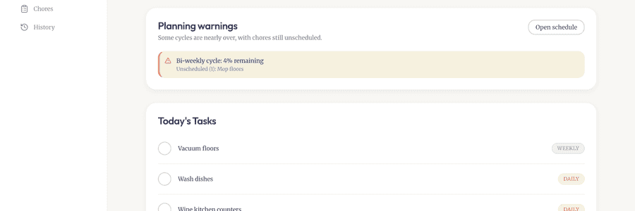 Captura de pantalla de Chorus: una interfície de gestió de tasques domèstiques amb vista de planificació en cascada.
