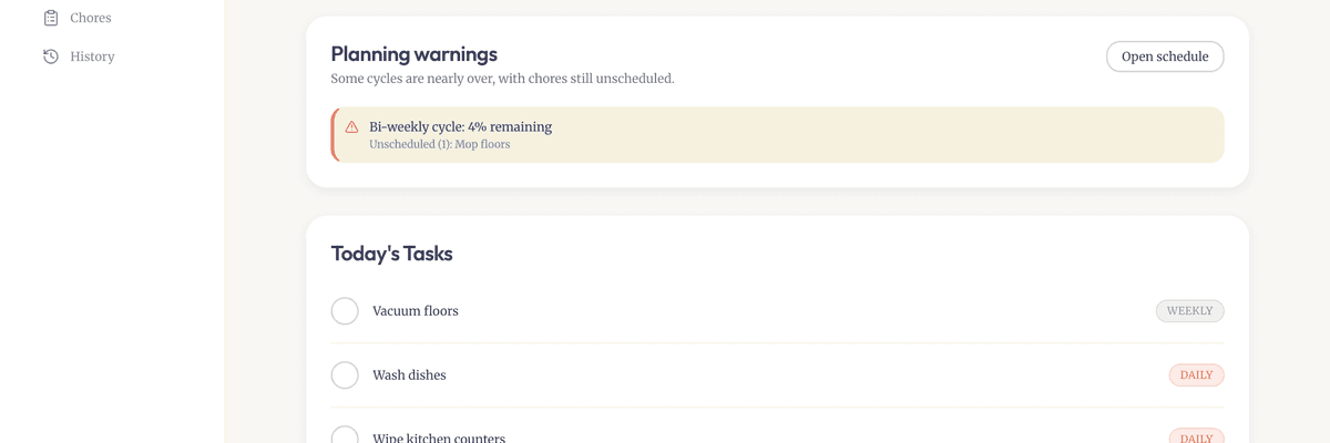 Captura de pantalla de Chorus: una interfície de gestió de tasques domèstiques amb vista de planificació en cascada.